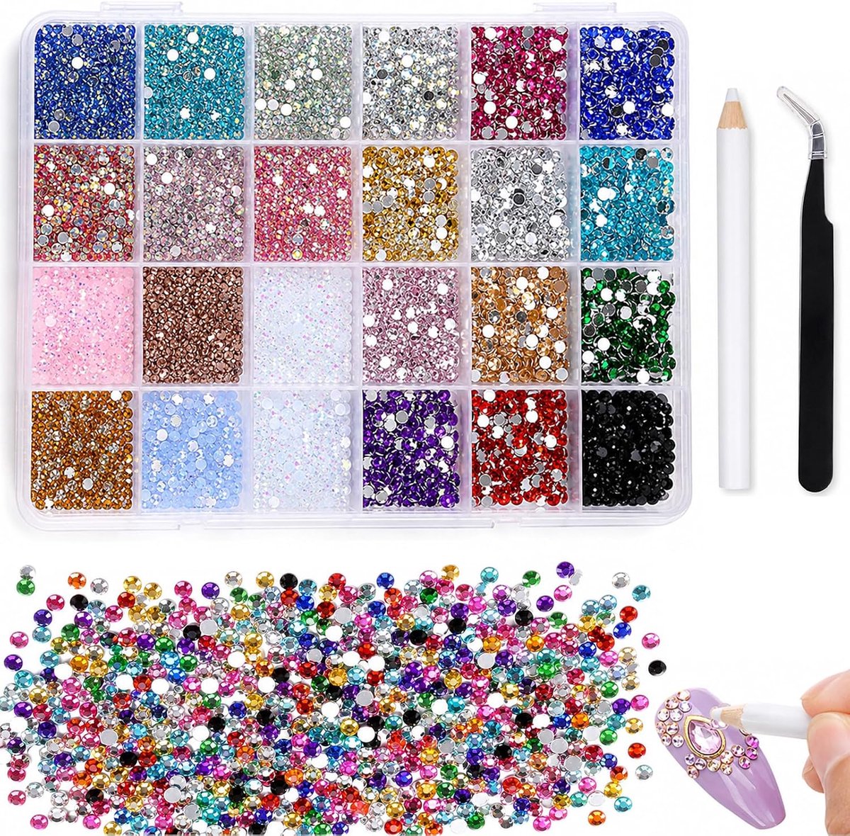 36.000 stuks kunstharssteentjes - 3-4 mm - Meerkleurig - Plat en rond - Geschikt voor nail art, gezichtsschilderen, kostuums en andere doe-het-zelf creaties (met pincet)