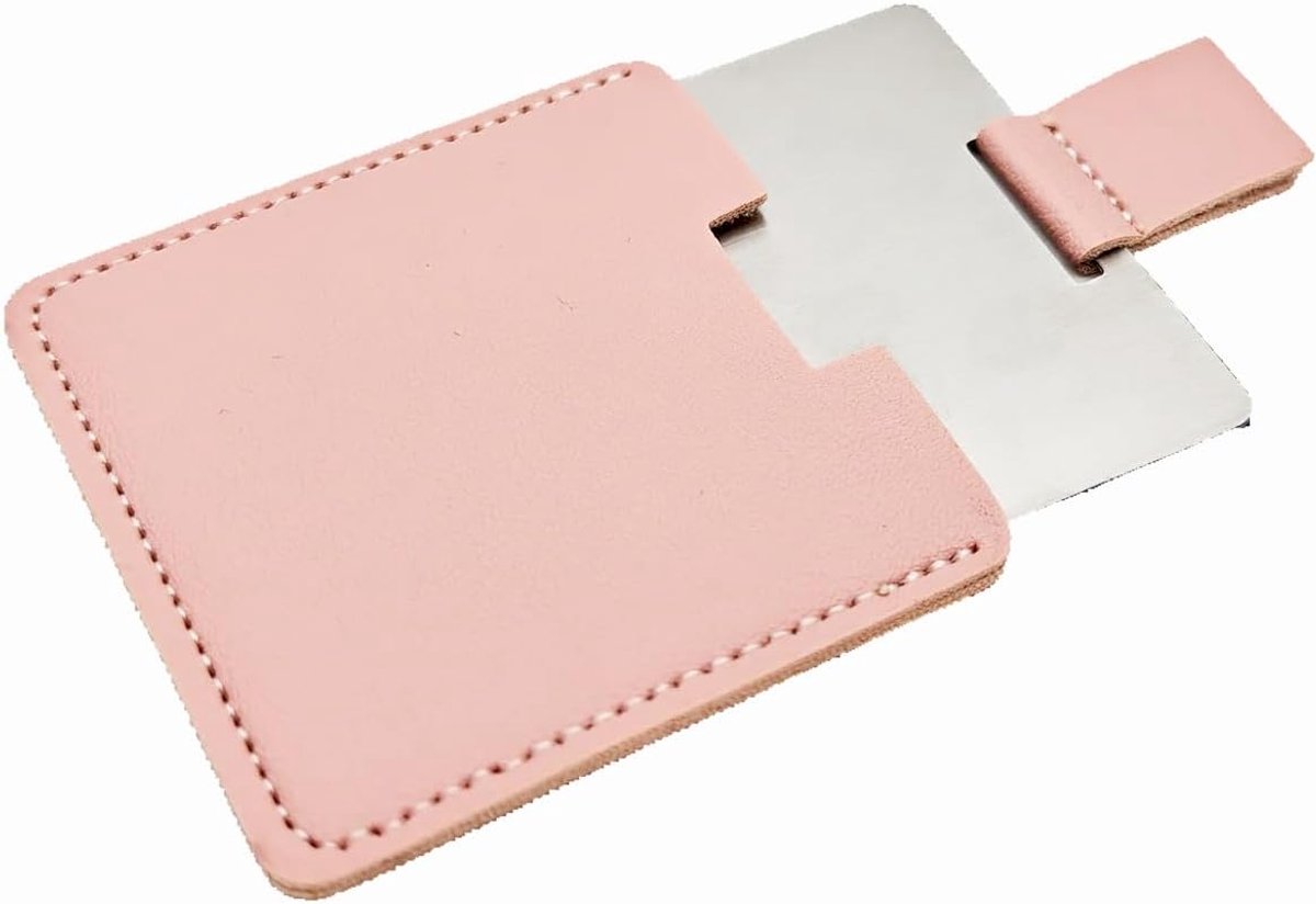 Reisspiegel, 6,9 cm, mini-handspiegel, roestvrij staal, onbreekbaar, met PU-leren hoes, roze