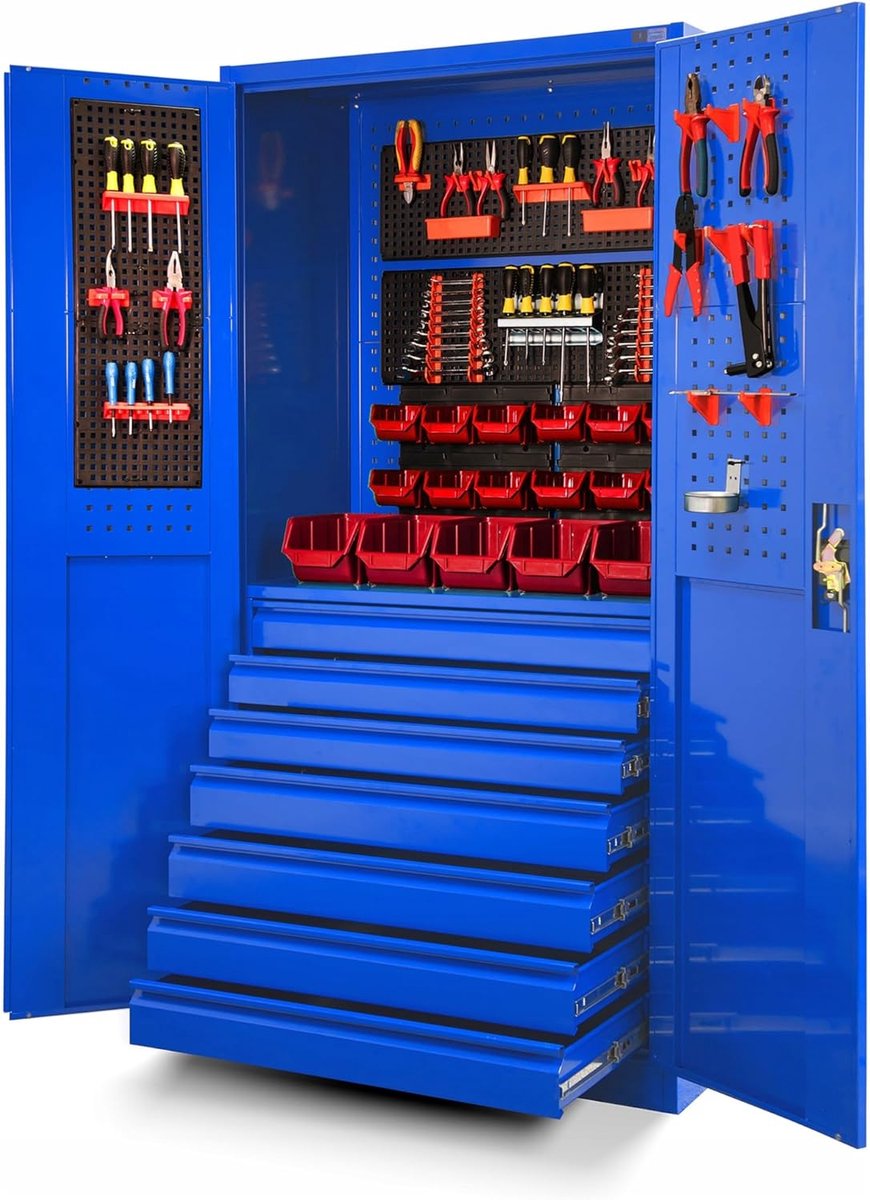 Gereedschapskast 185 cm hoog x 92 cm breed x 50 cm diep met 7 laden, perforatiewand en dubbele deuren