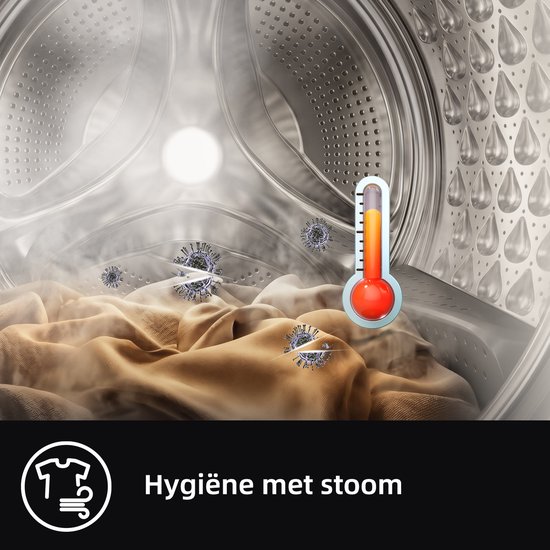 Intérieur d'un lave-linge CHiQ avec vapeur et thermomètre indiquant une température élevée. "Hygiène à la vapeur"