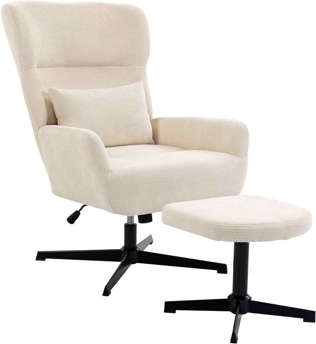 Homona Relaxfauteuil met hocker - 360° draaibaar en in hoogte verstelbaar - Met lendenkussen en chenille bekleding - 71 x 88 x 98-104 cm - Crèmewit