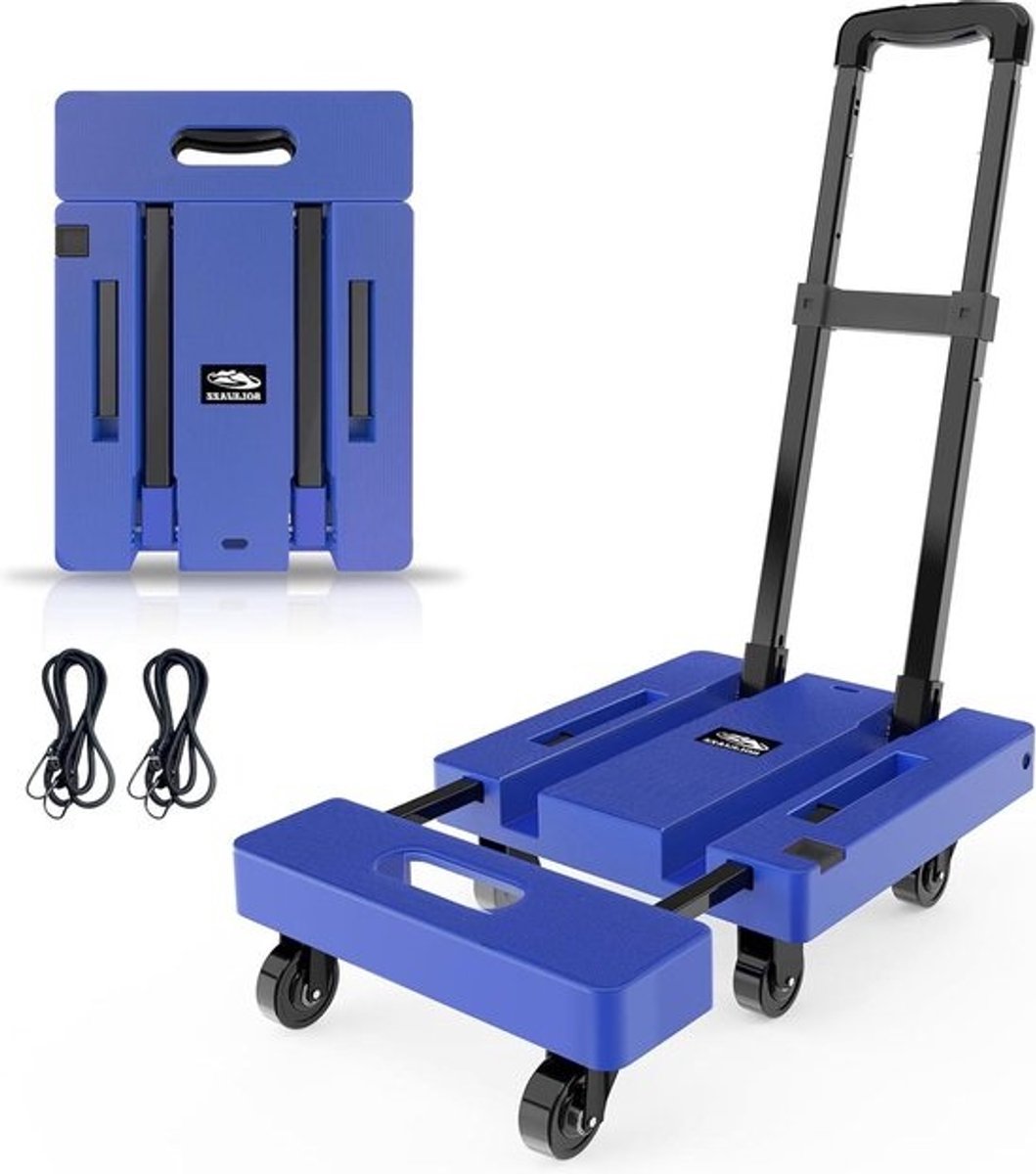 Opvouwbare draagbare transportdolly - Trolley van 230 kg met 6 wielen en bungeekoorden - Blauw