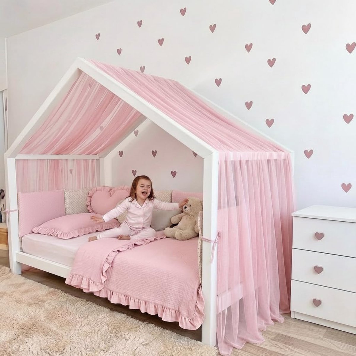 Fancyroom Huisbed Hemel van Tule, Handgemaakt, Geribbeld, Baldakijn, Bedhemel voor Kinderbed Kinderkamer (Roze, 420cm)