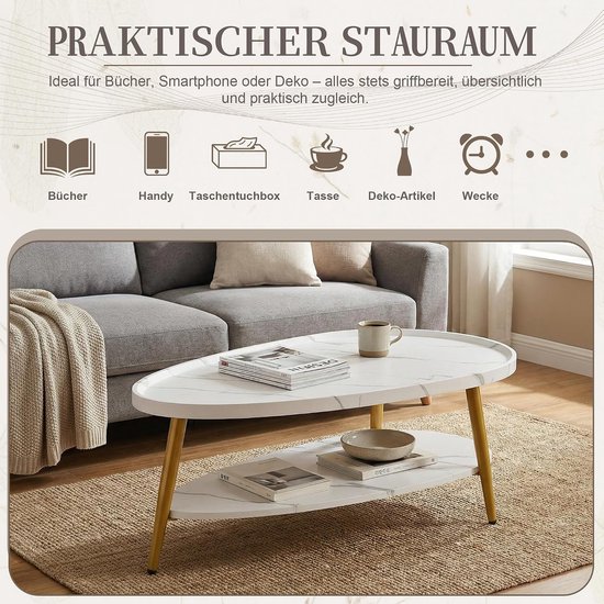 Ovaal hout, woonkamertafel voor bank, woonkamertafel met opbergruimte, eenvoudige montage, industrieel design, 100 x 55 x 38 cm, kleine moderne salontafels voor thuis en op kantoor (Wit) — afbeelding 4