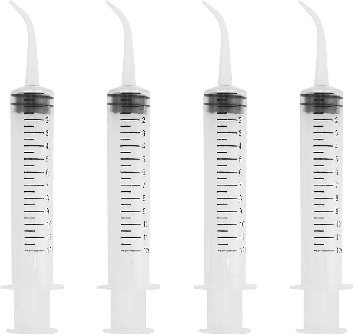Spuiten, 12 ml, transparant, kunststof, met gebogen spuit en maataanduidingen voor orale tandverzorging, 4 stuks