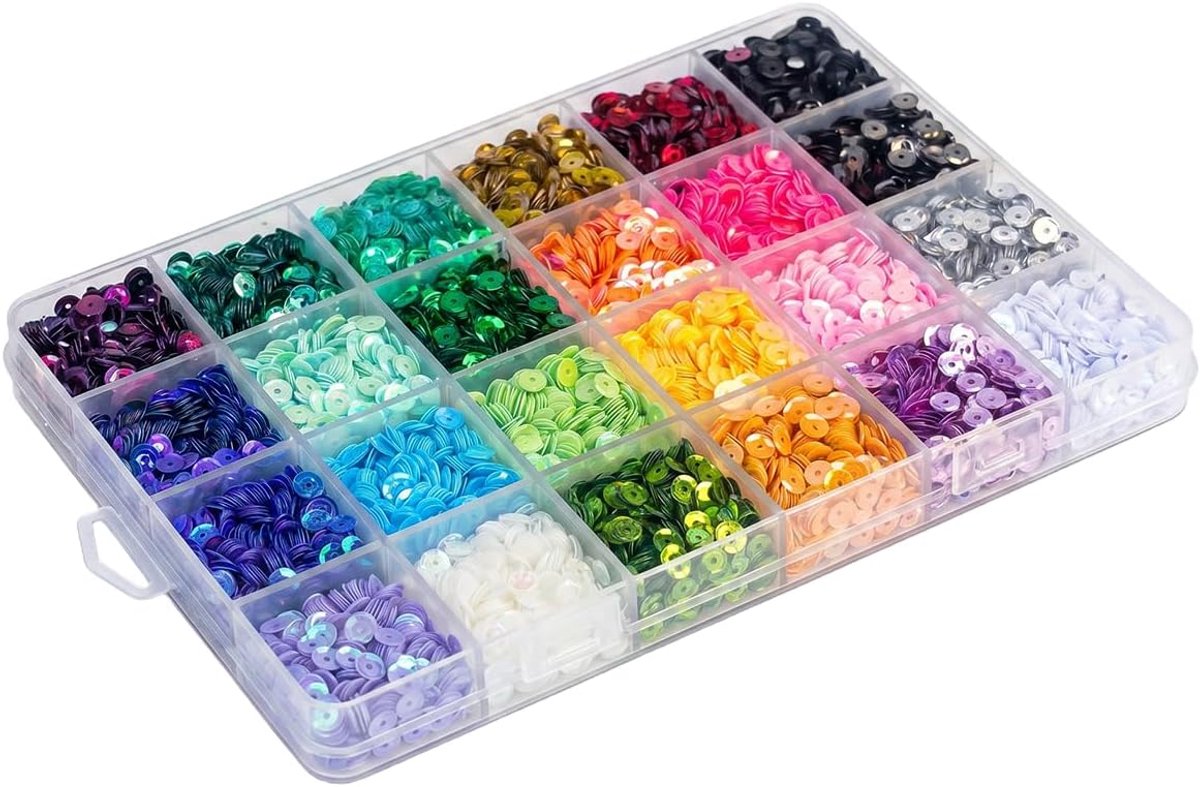 Pailletten om te Knutselen met Doos, 24 Kleuren Pailletten Knutselset | 5mm Pailletten-Glinsterende, Glinsterende Paillettenkunst voor Naaien, DIY-Kunstambacht, Borduurwerk, Decoratie