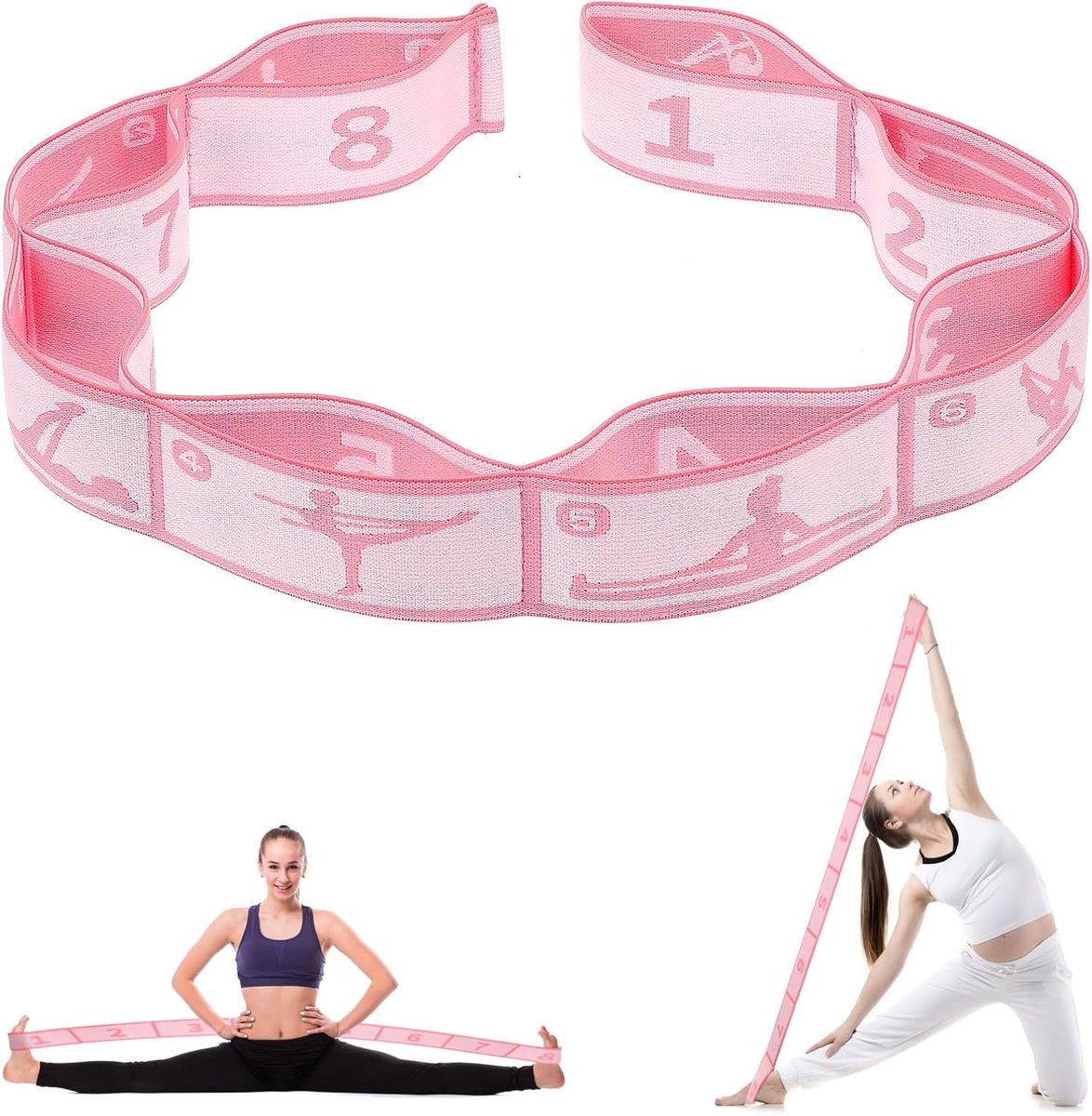 Yoga stretchband met 8 lussen voor optimale flexibiliteit, zeer elastisch en ideaal voor fitnessoefeningen en gymnastiektraining