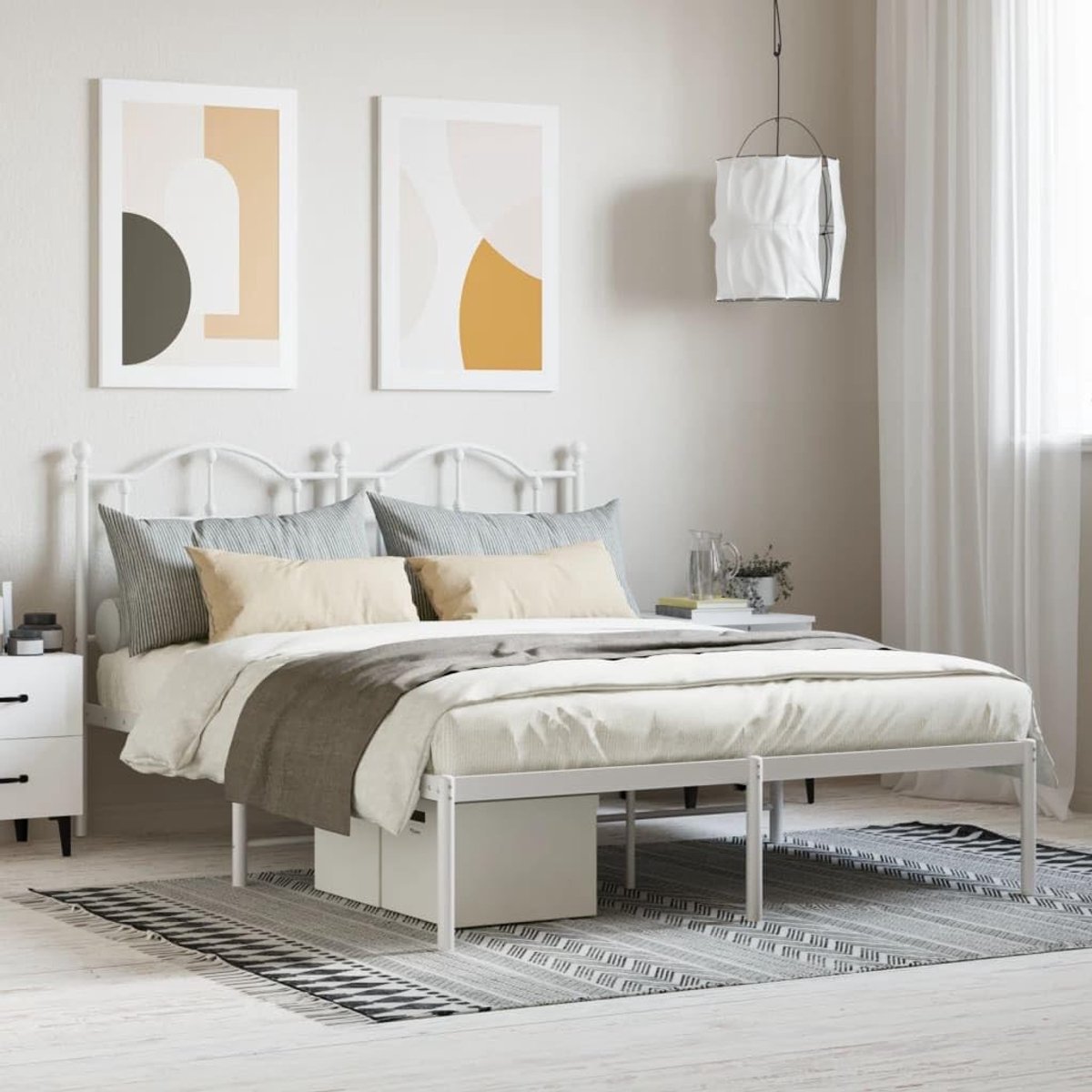Bedframe met hoofdeinde, metaal, wit, 135 x 190 cm, bedframe voor woonkamer, slaapkamer, hotelbedframe, geschikt voor slaapkamer