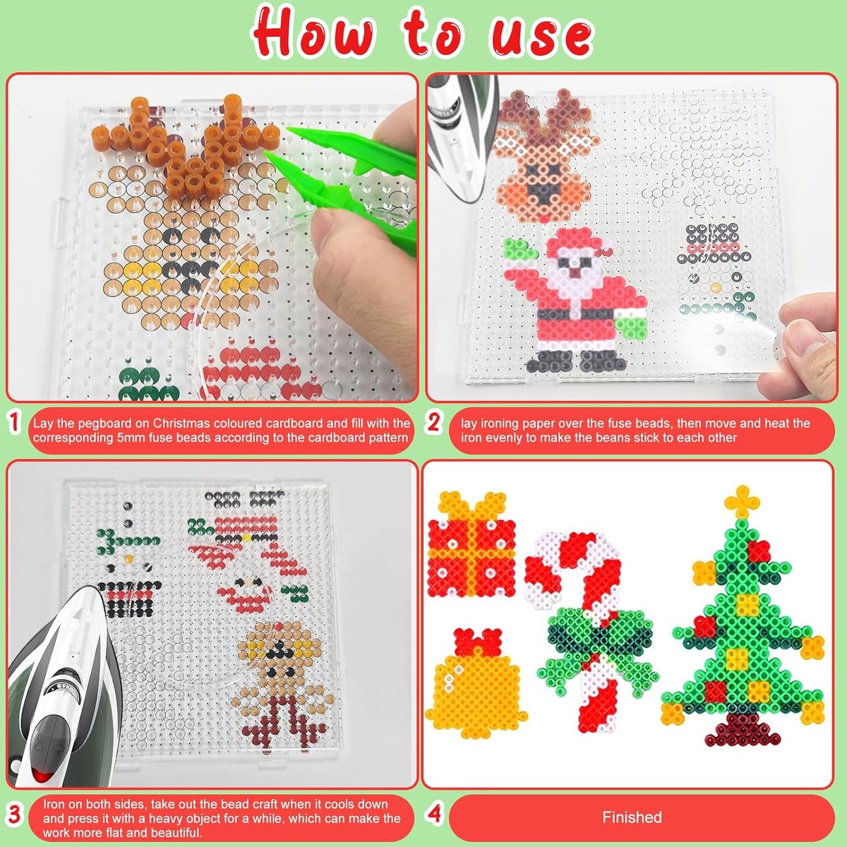 Strijkkralen voor Kerstmis, 5 mm strijkkralen, kerstset, 15 patronen, strijkpapier, hangers en accessoires voor knutselen, handwerk voor kinderen, cadeau, kerstdecoratie (rood) — cadeau in Spellen & Speelgoed - foto 2