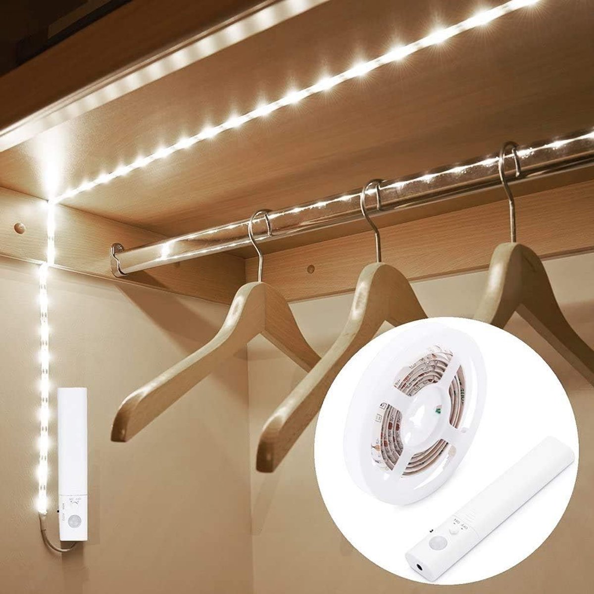 Garderobelicht, 1,5 m led-stripverlichting, nachtlampje, 6000 K koud wit, automatisch aan/uit, werkt op batterijen, voor kast, kast, keuken, trap, binnenverlichting onder bed