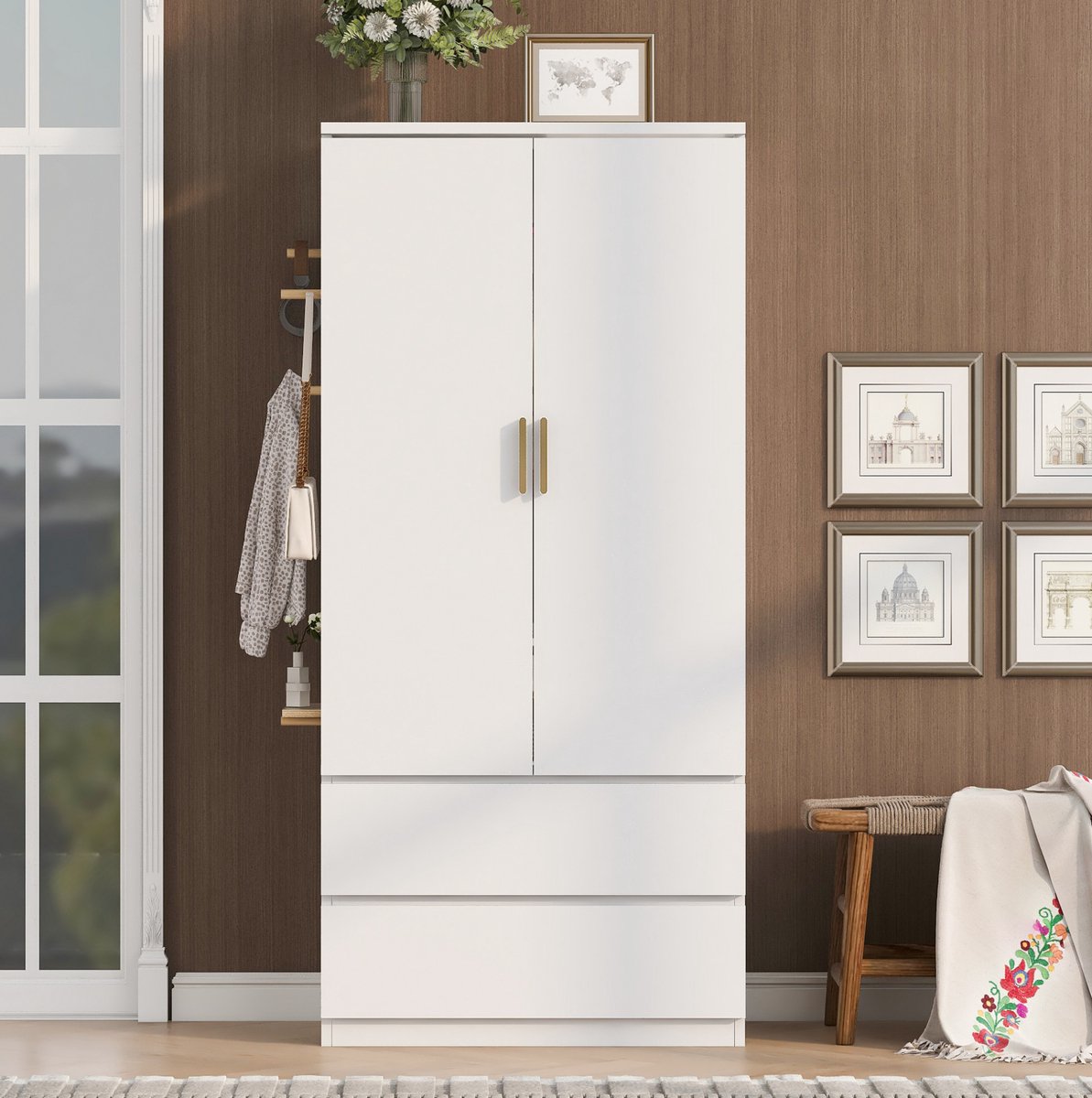STILVORA Kledingkast - Hangruimte, Twee Laden En Zijwand Met Gatenpaneel - Voor Slaapkamer En Kinderkamer - MDF En Multiplex - 70 x 50 x 170 Cm - Wit