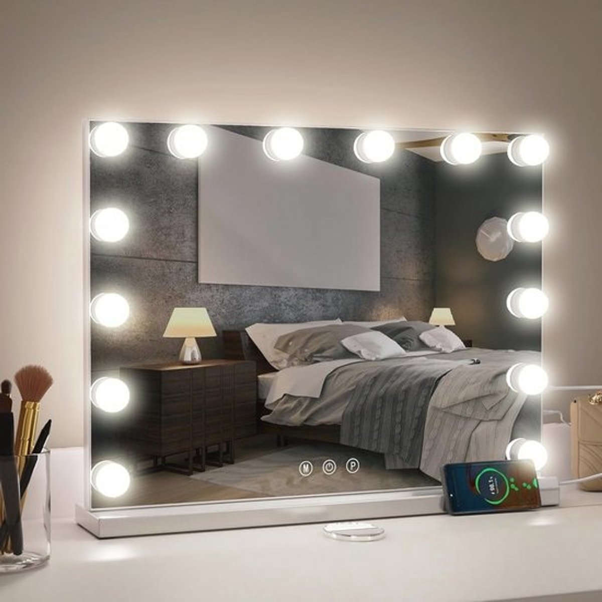 Grote make-upspiegel met verlichting en vergroting - 50x40 cm, 14 LED-lampen, 3 modi