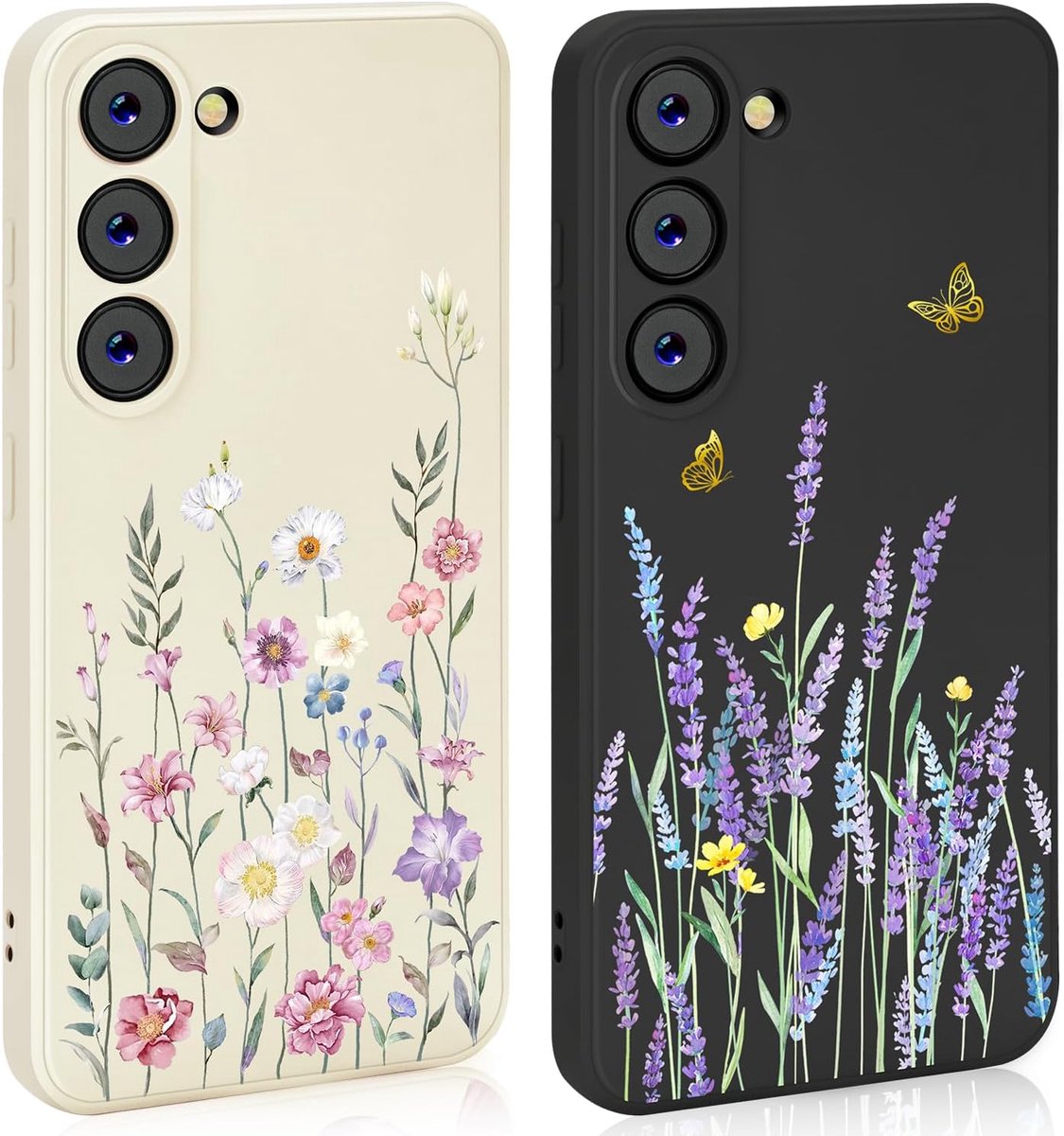 Set van 2 hoesjes voor Samsung Galaxy S23 - wit siliconen met patroon, mat hoesje met bloemen, schokbestendig, dun, esthetiek, zachte TPU-beschermhoes voor vrouwen en meisjes, draadloos
