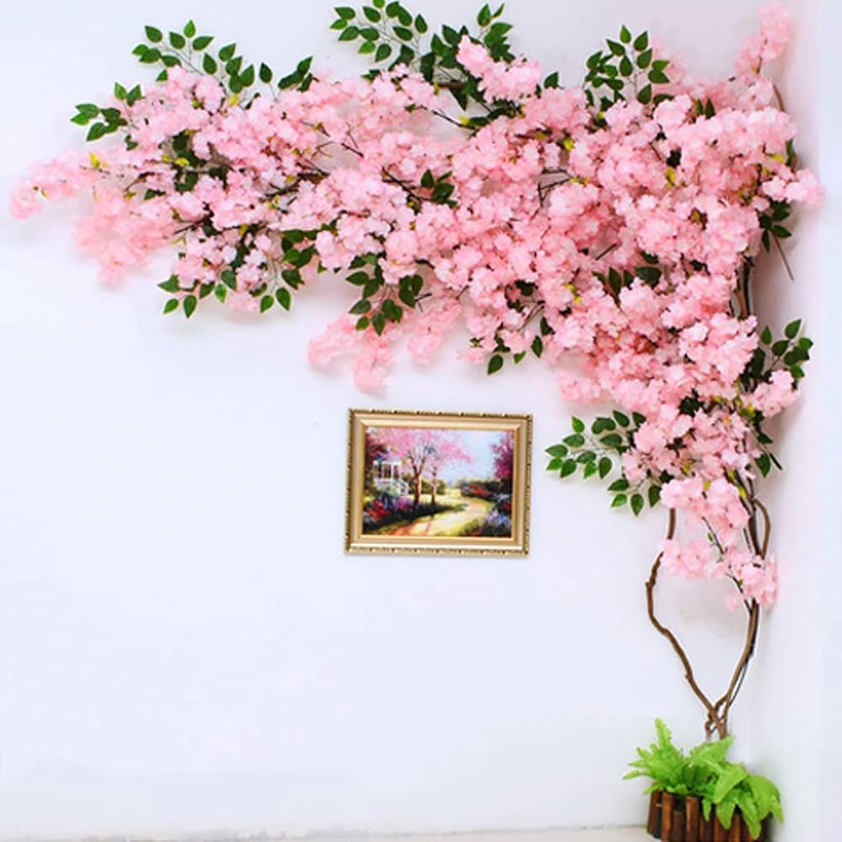 Kunstboom Handgemaakte kunstmatige kersenbloesemboom met 30 takken Kersenbloesem 3 boomranken en houten hek, kersenbloesem decor voor thuiskantoor feest bruiloft,A