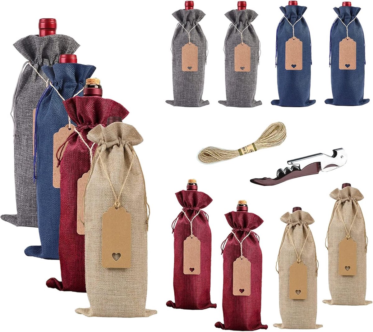 12-delige jute wijntassen met trekkoord, herbruikbare feestartikelen wijn cadeautas (vier kleuren)