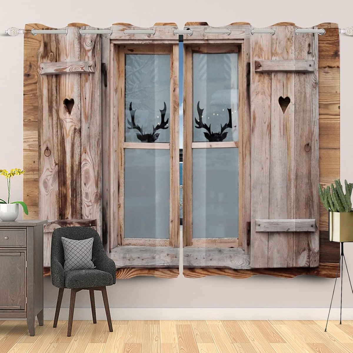 46x72 Inch Houten Schuur Deur Raamgordijn Vintage Boerderij Rustieke Garage Gate Landelijk Platteland Gewei Decor Venster Gordijnen voor Woonkamer Lichtblokkerende Gordijnen, 2 Panelen