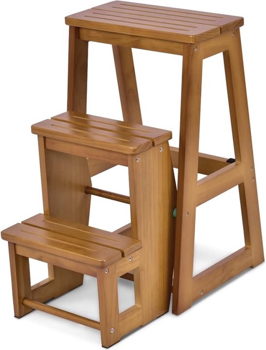 Inklapbare opstapkruk - met 3 treden - Huishoudladder van massief grenenhout - tot 150 kg - 66 cm hoog, ruimtebesparend en multifunctioneel