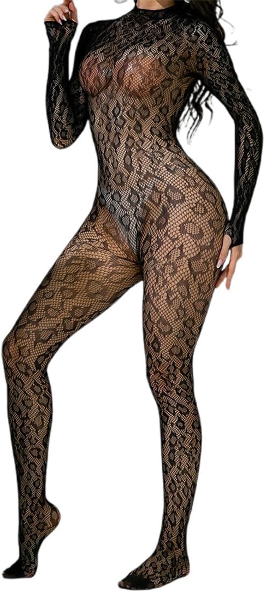 Disco-kleding voor dames, mesh-body, lange mouwen, gesloten kruis, transparant - ShopVlot