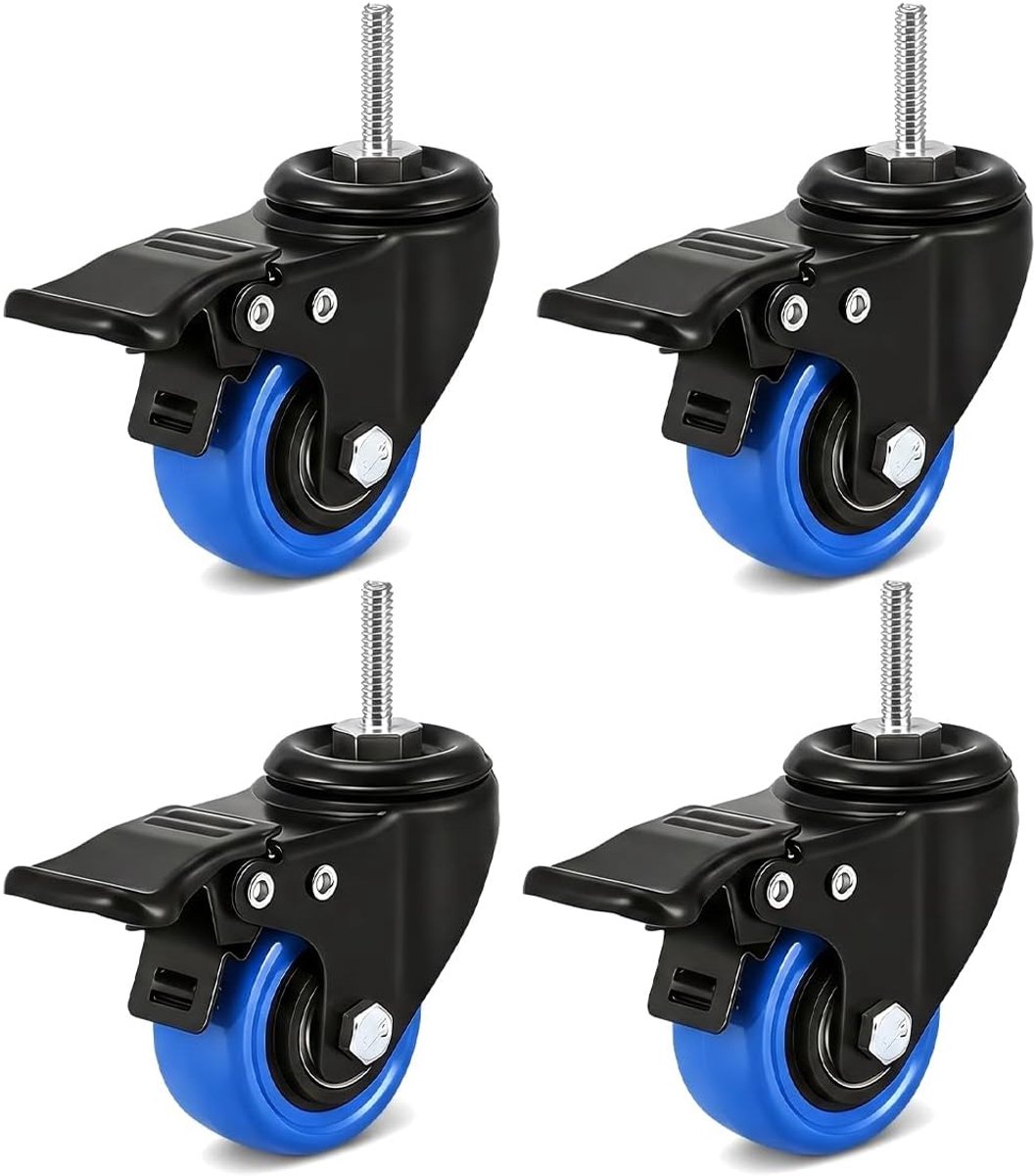 Zware belasting, met M8-schroefdraad | meubelwielen, plat, zwart en blauw, set van 4 met rem en montagegereedschap