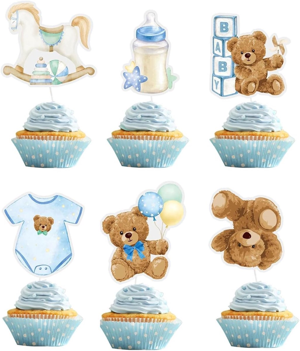 24 stuks taarttoppers doop kind taart beer decoratie taart doop geboorte baby feest verjaardag (blauw)
