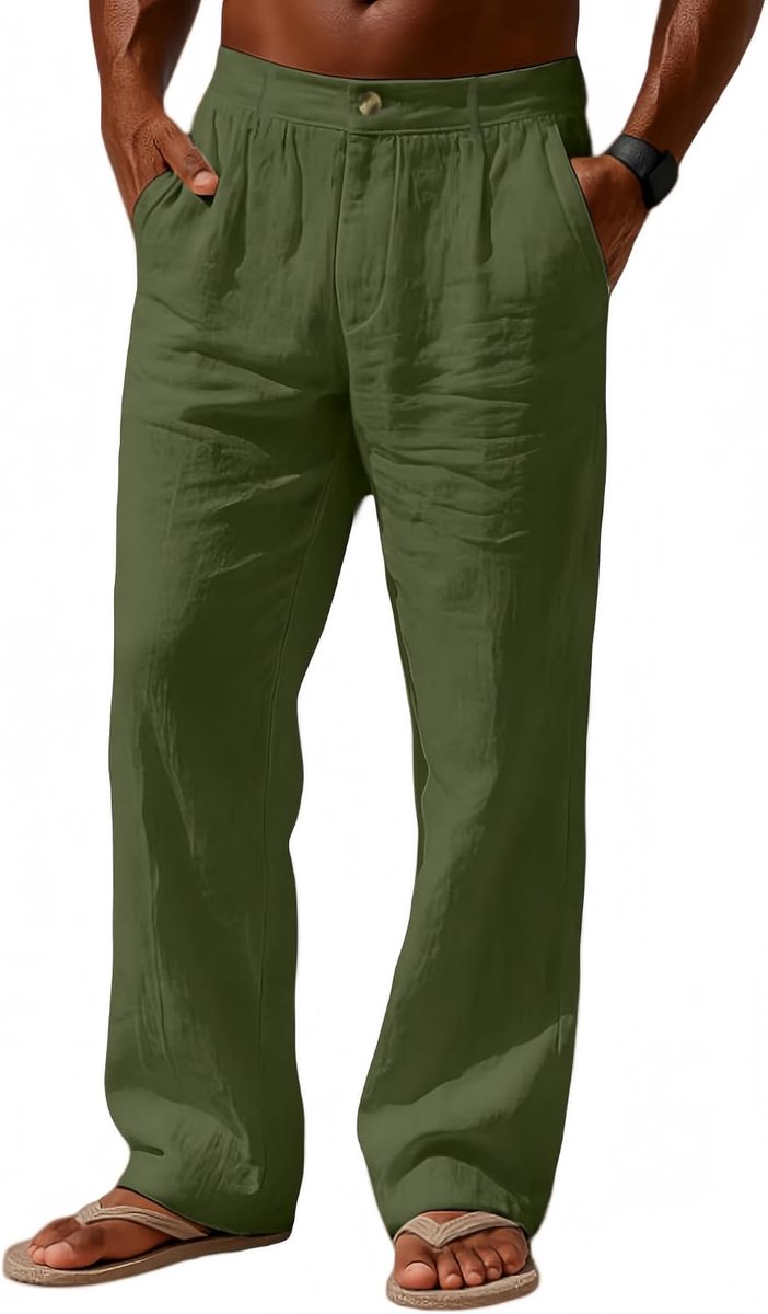 Broek voor heren, lichte zomerbroek voor het strand, losse pasvorm, elastische tailleband met ritssluiting