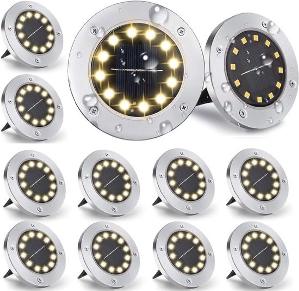 Tuinverlichting op zonne-energie - Vloerlampen 12 leds 800 mAh - Upgrade zonnepaneel - Schijfverlichting - Decoratie - Gazon looppad zwembad terras - Warmwit
