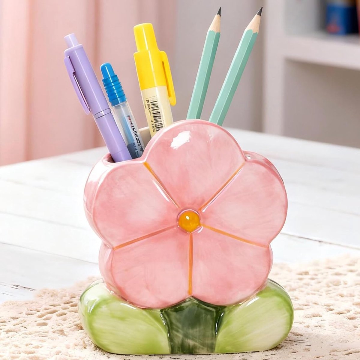 SnelShoppen - Schattig Roze Potloodetui Dames Bureau Organiser Kawaii Esthetisch Bureau Accessoire Verjaardag Cadeau Bloem Make-Up Organiser
