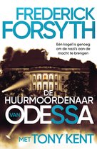 Boekcover met Frederick Forsyth "De Huurmoordenaar van Odessa". Witte huis in de nacht met rookpluimen.