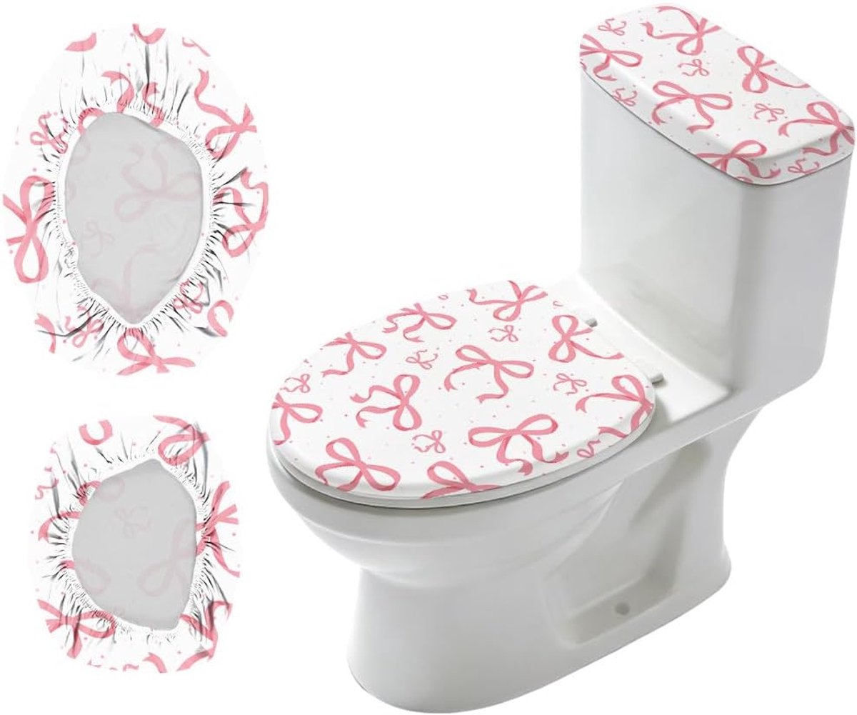 2 stuks strik wc-dekselafdekking en tankafdekking, set stretch afdekkingen, roze strik, wc-bril afdekkingen, stoffen sets, badkamer vervanging