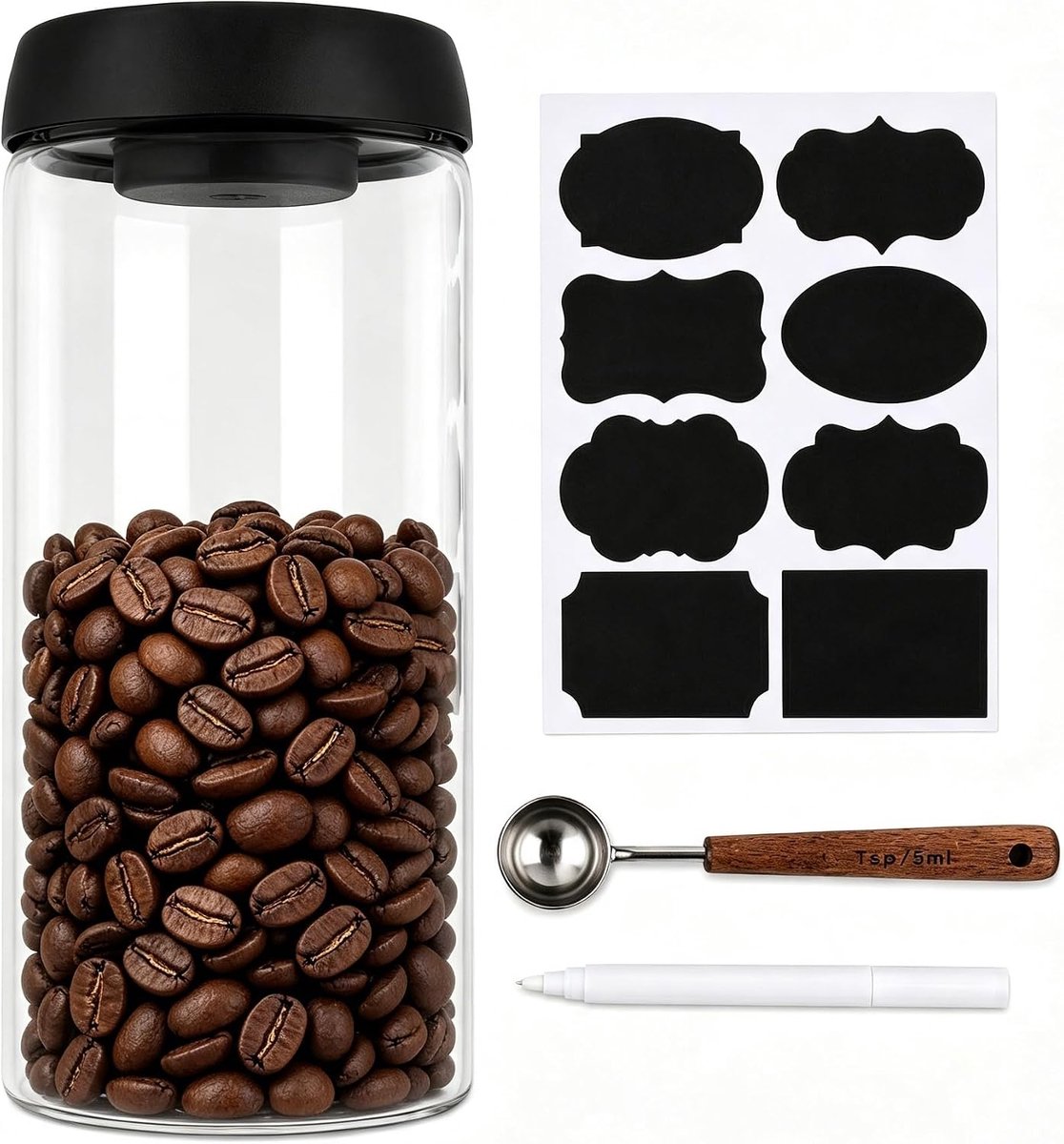 Koffiedoos, 1800 ml, van borosilicaatglas, vacuümcontainer voor koffie, vacuüm voor koffiebonen, koffiepoeder, thee, suiker