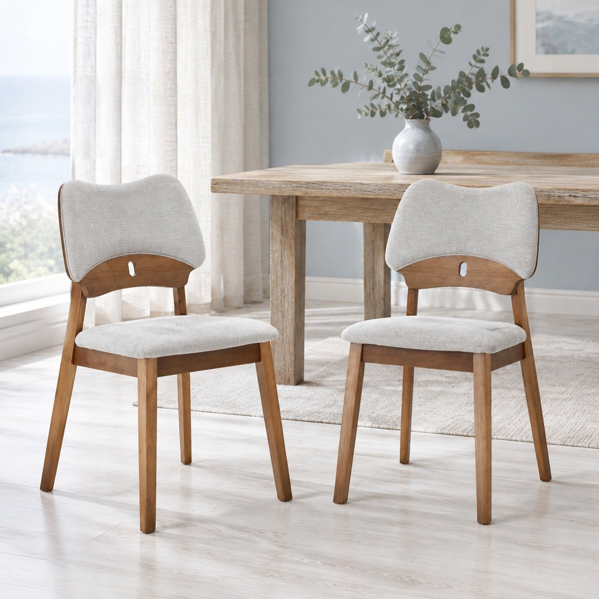 REDOM Eetkamerstoelenset - Vlindervormige rugleuning met ovale opening - Gewatteerde stoffen zitting - Houten schuine vierpoot - Moderne stijl - Grijs - 43 x 51 x 87,5 cm