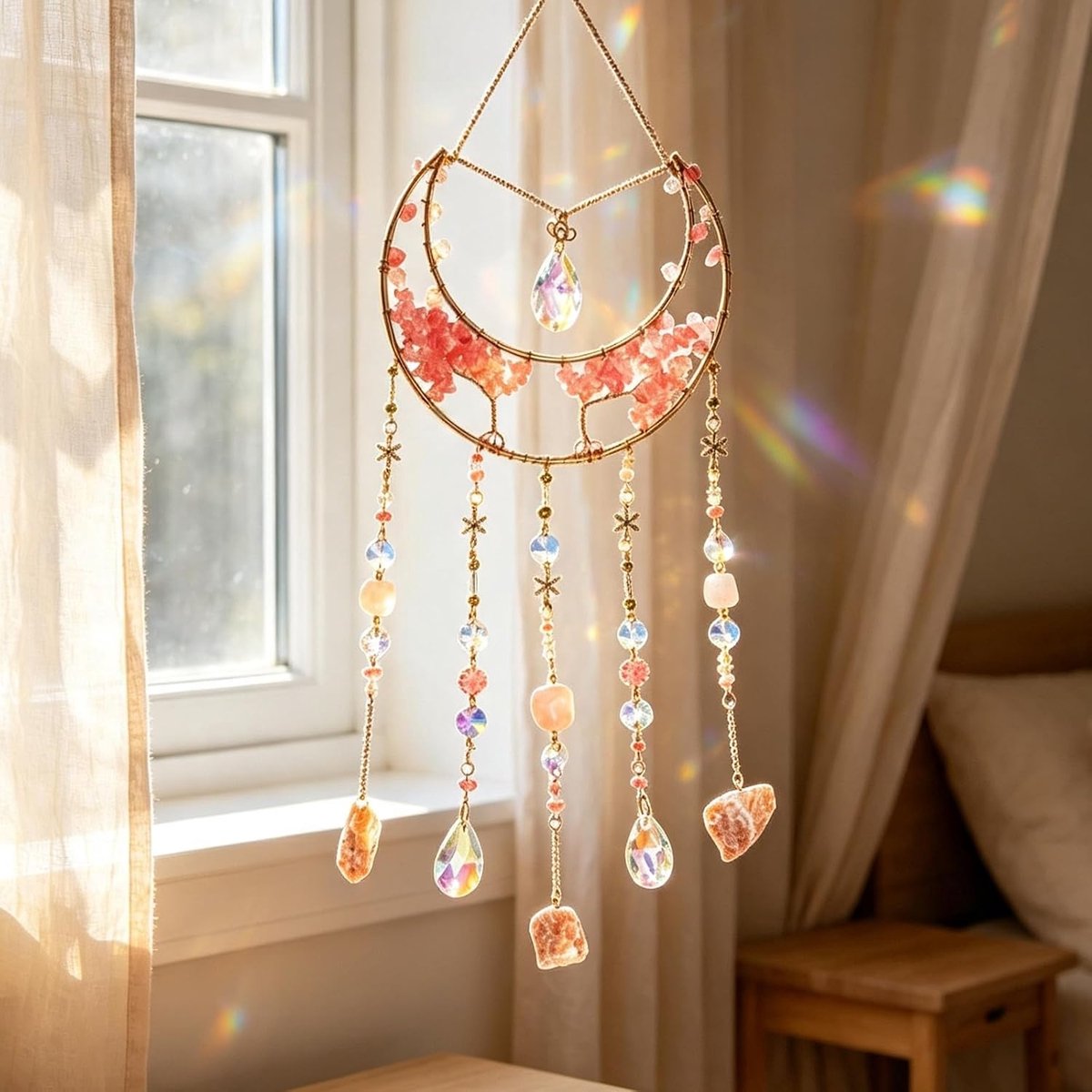 Dromenvanger, mooie maankristallen boom, wanddecoratie, doordacht cadeau voor elke gelegenheid (roze maankristal)
