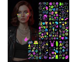 Tijdelijke tatoeages, glow in the dark blacklight party tatoeages voor volwassenen en kinderen, waterdichte fluorescerende plaktatoeages voor festival, rave, carnaval, 9,7 x 17,2