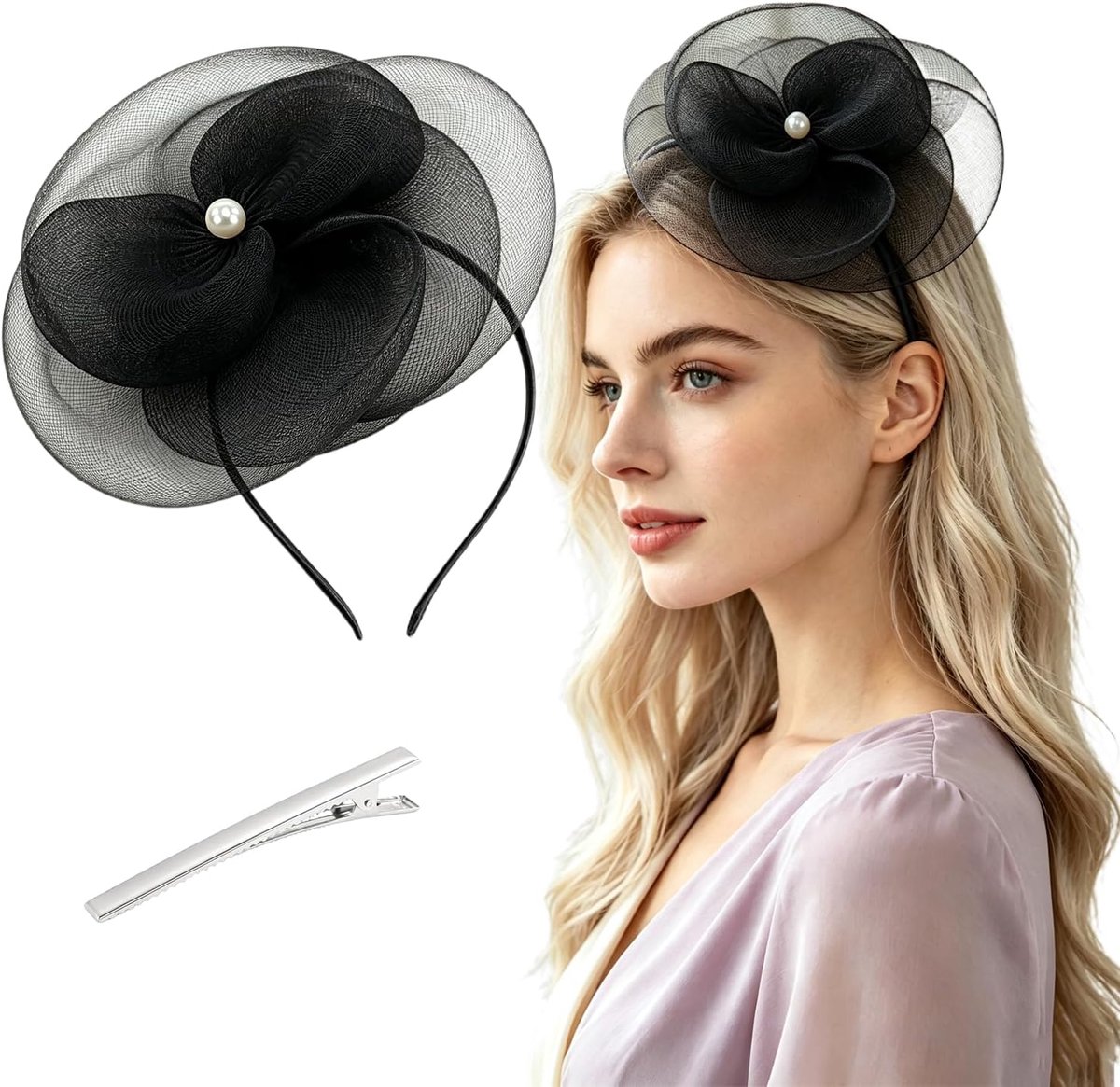 Fascinator voor dames, hoofdband van gaas met dubbele haarclip, accessoire voor bruiloften, races, cocktailfeesten en evenementen
