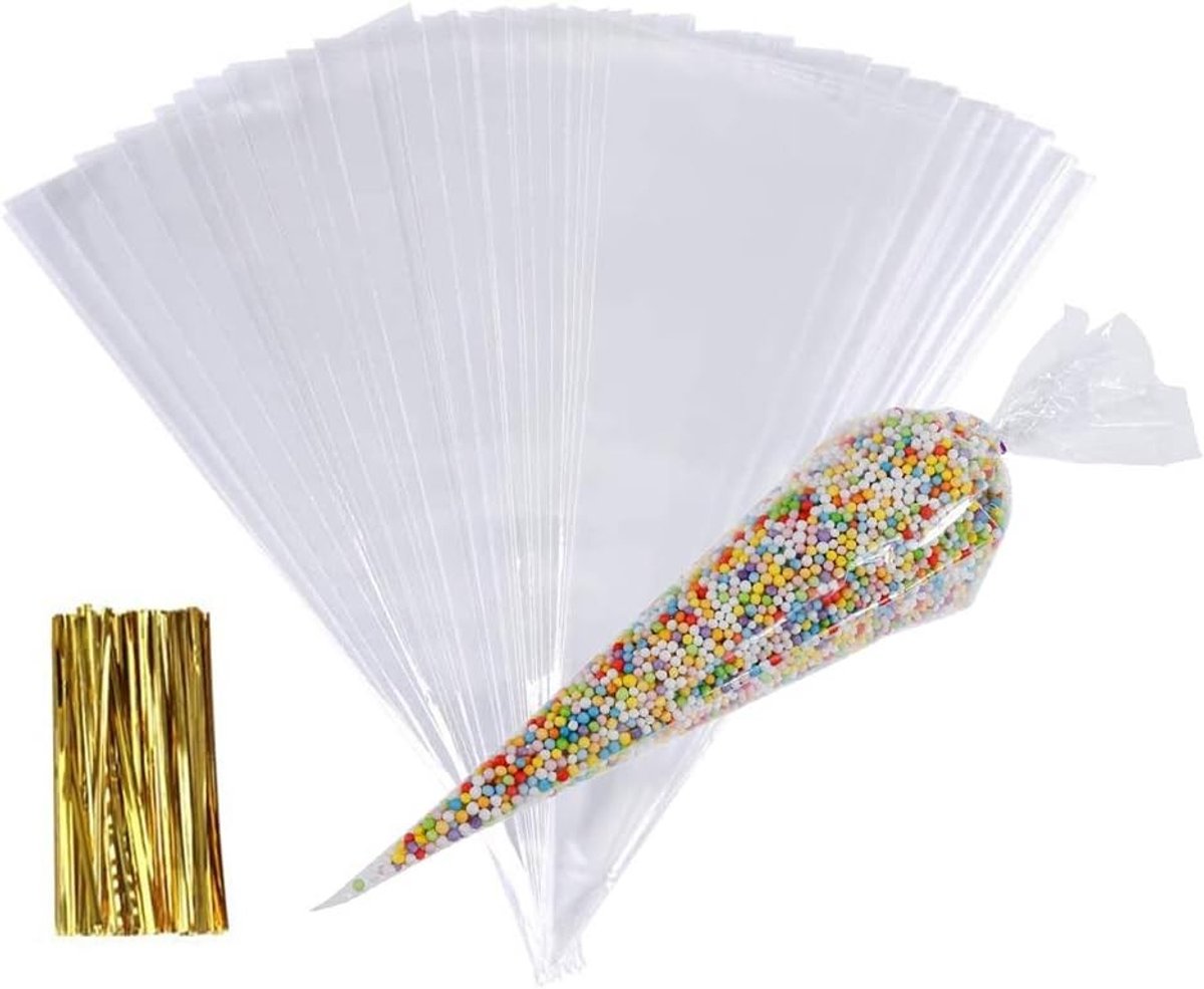 Duidelijke Plastic Cone Zakjes voor Snoep, Koekjes en Cadeaus - 100 Stuks - 16 x 30 cm, Perfect voor Feestjes en Bruiloften