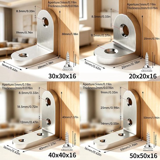 20 Stuks 20x20x16mm Zilveren Hoekbeugels L-Beugels met Schroeven | Roestvrij Staal Sterke 90 Graden Hoekversterking voor Hout Meubels Kasten Tafels Stoelen Planken Montage Klussen — afbeelding 2