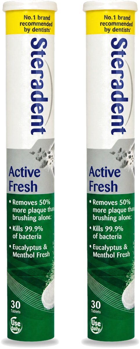 2 x Steradent - Reinigingstabletten - Active Fresh - Voor Kunstgebitten - 30 Tabletten - Voordeelverpakking - 2 stuks