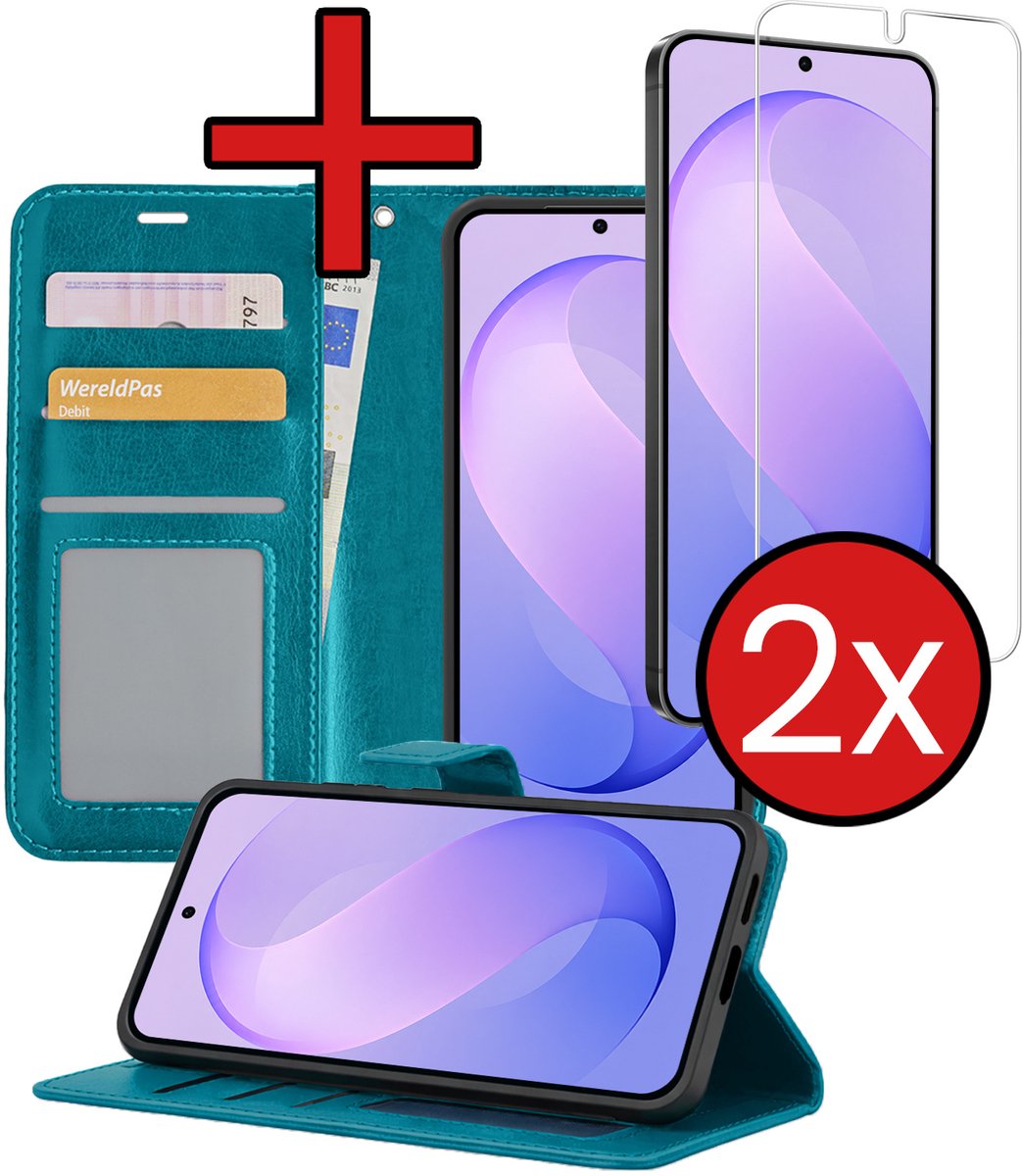 Hoesje - Met 2x Screenprotector - Geschikt voor Samsung Galaxy S26 FE - Luxe Pasjeshouder - Flip Case - Bookcase Portemonee - Kunstleer Book Case - Flipcase Hoes - Book Cover - Walletcase - Portemonneehoes - Telefoonhoes - Turquoise