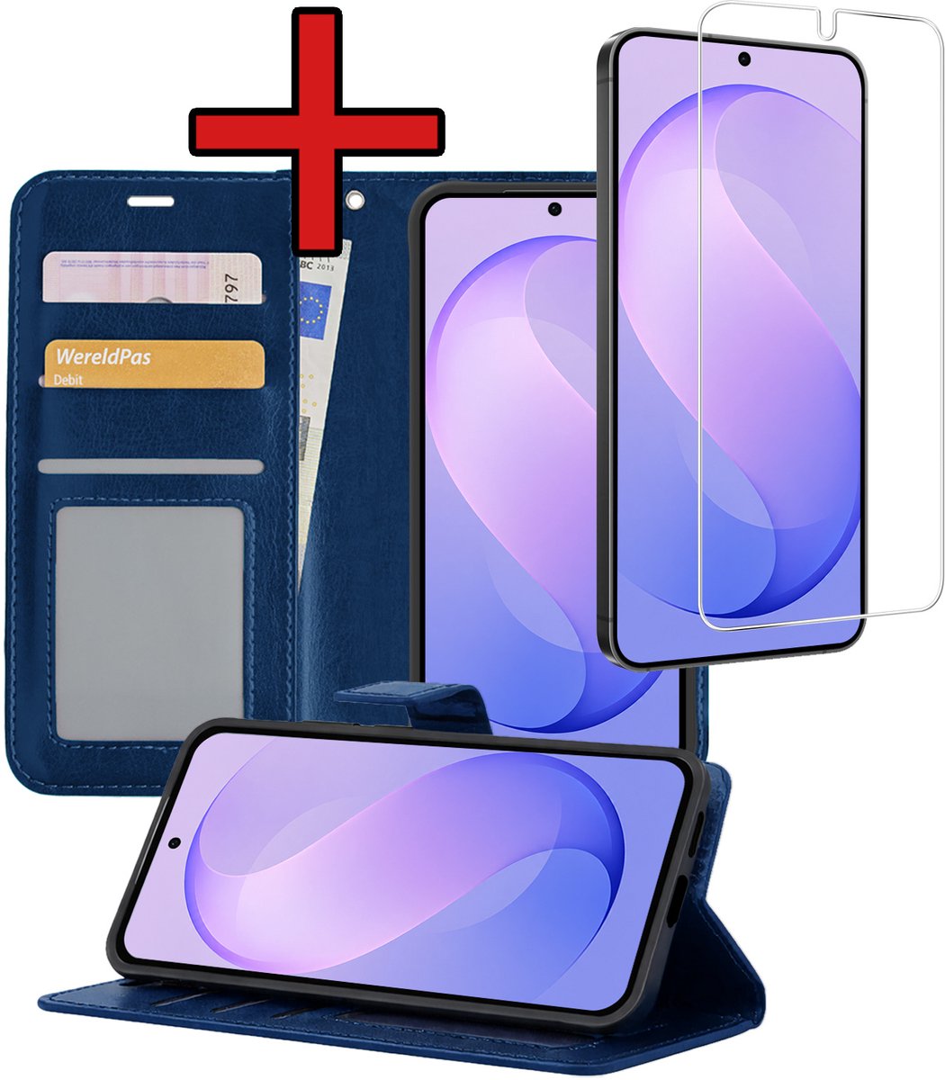 Hoesje - Met Screenprotector - Geschikt voor Samsung Galaxy S26 FE - Luxe Pasjeshouder - Flipcase - Bookcase Portemonee - Flip Case - Kunstleer Book Case - Book Cover - Walletcase - Portemonneehoes - Telefoonhoes - Donkerblauw