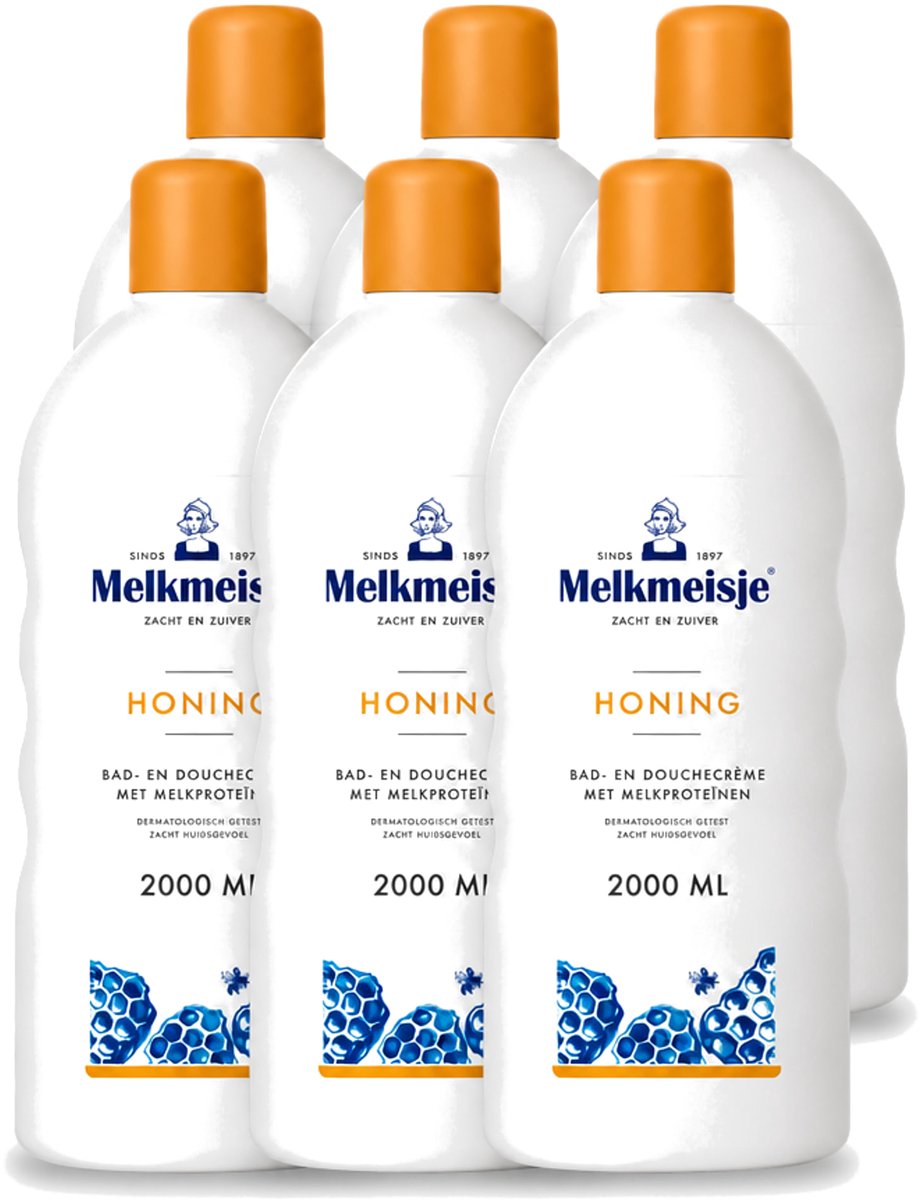 6 x Melkmeisje – Bad & Douche – Honing – 2000 ml - Voordeelverpakking - 6 stuks