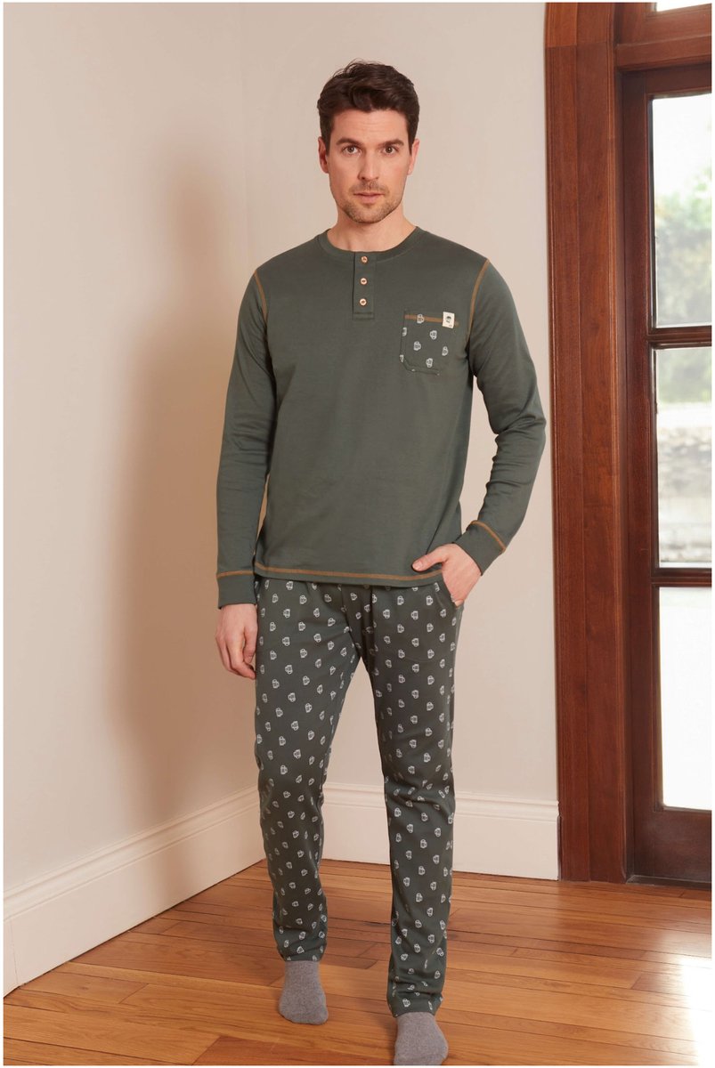 Barandi Tirol Herenpyjama – 100% Katoen – Lange Mouwen en Lange Broek – Donkergroen - M