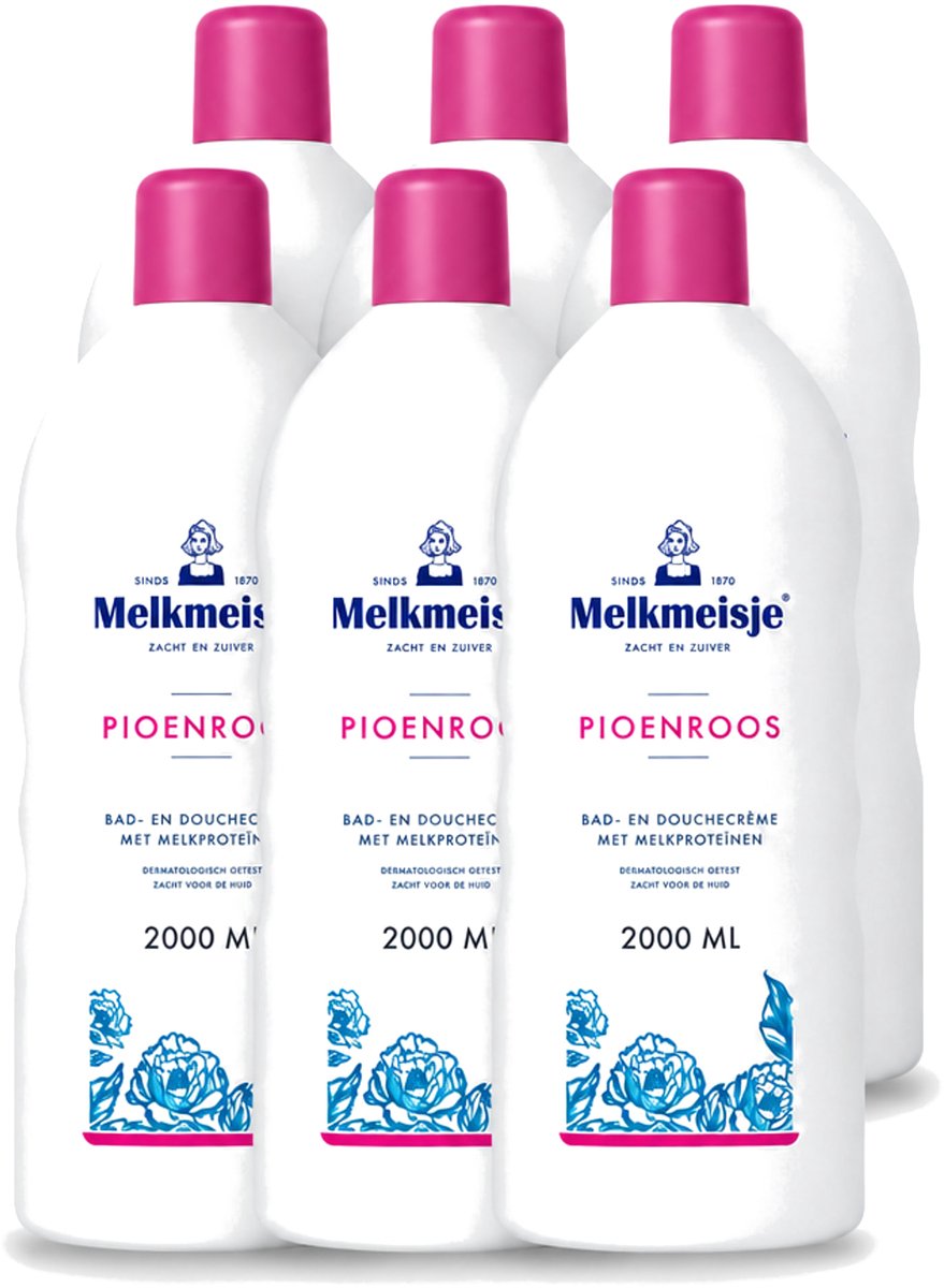 6 x Melkmeisje - Bad & Douche - Pioenroos Geur - Verzorgend & Hydraterend - 2000 ml - Voordeelverpakking - 6 stuks