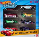 Hot Wheels Let's Race 8-pack met diverse verzamelauto's uit de Netflix-serie in een displayverpakking.