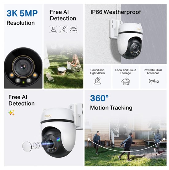 Tapo C530WS Beveiligingscamera Buiten 3-pack + H500 CentralHub - Bundelvoordeel - 3K 5MP - 360° Draaibaar - Starlight Kleur Nachtzicht - Lokale Opslag tot 16TB - Geen Abonnement - 30m Nachtzicht - IP66 Weerbestendig - Automatisch Volgen - 12x Zoom — afbeelding 2