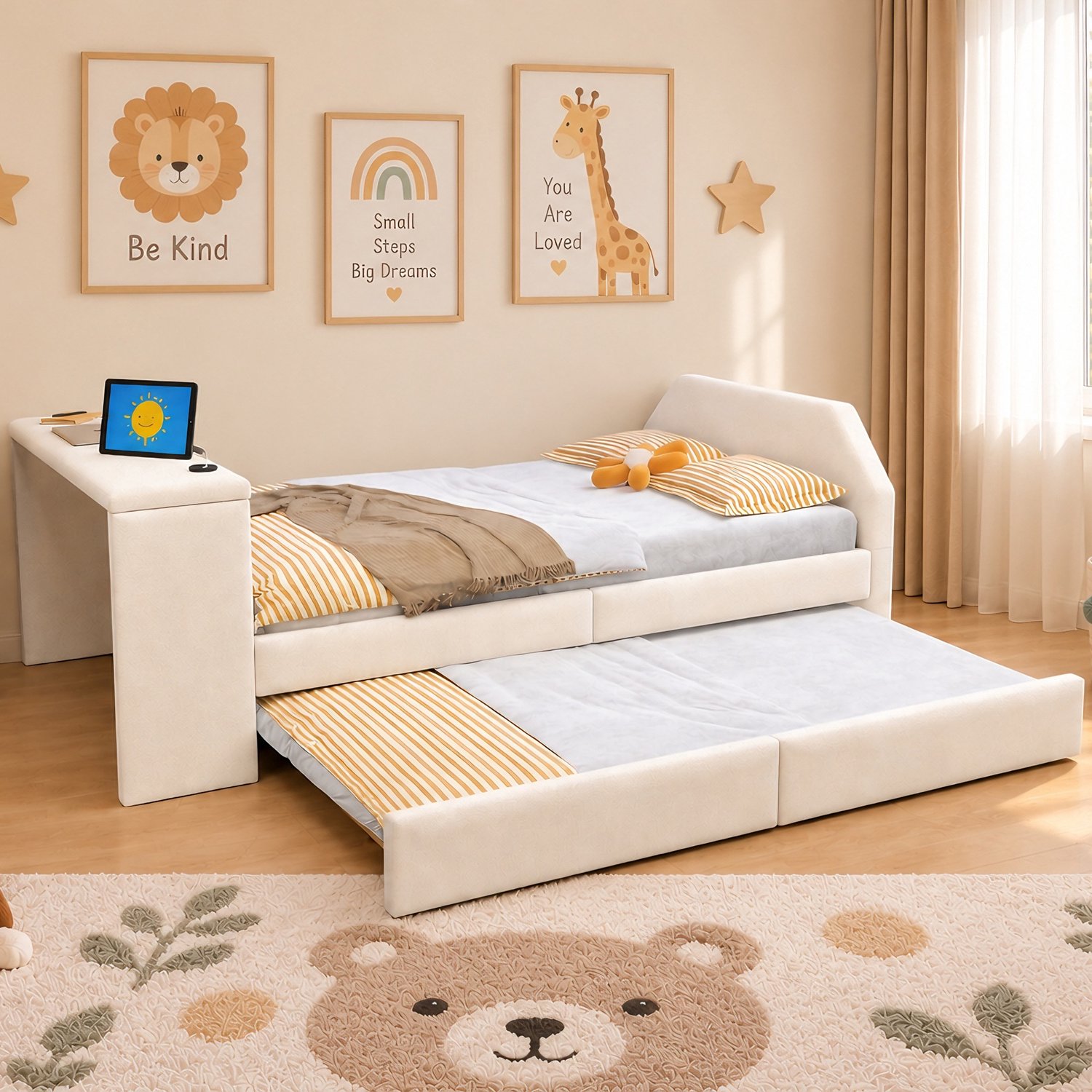 Zubaliya Gestoffeerd bed - 90 x 200 cm - Beige - fluweel - USB-aansluiting - Bureau - Laadaansluiting