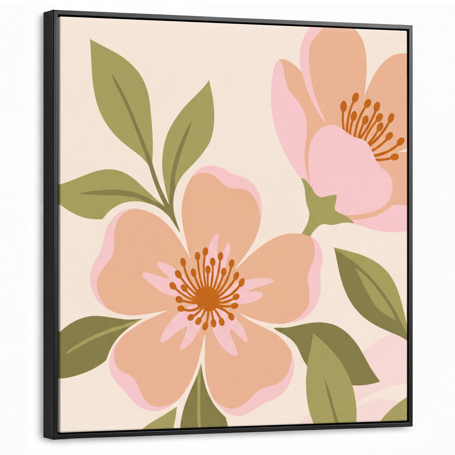 Canvas Schilderij met Baklijst 90x90cm - Grafisch - Bloemen - Roze - Muurdecoratie woonkamer - Slaapkamer decoratie - Kamer accessoires - Schilderijen op canvas met lijst