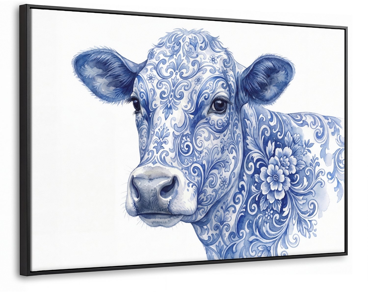 Canvas Schilderij met Baklijst XXL Canvas Schilderij met Baklijst 140x90cm - Illustratie - Koe - Blauw - Muurdecoratie woonkamer - Slaapkamer decoratie - Kamer accessoires - Schilderijen op canvas met lijst groot
