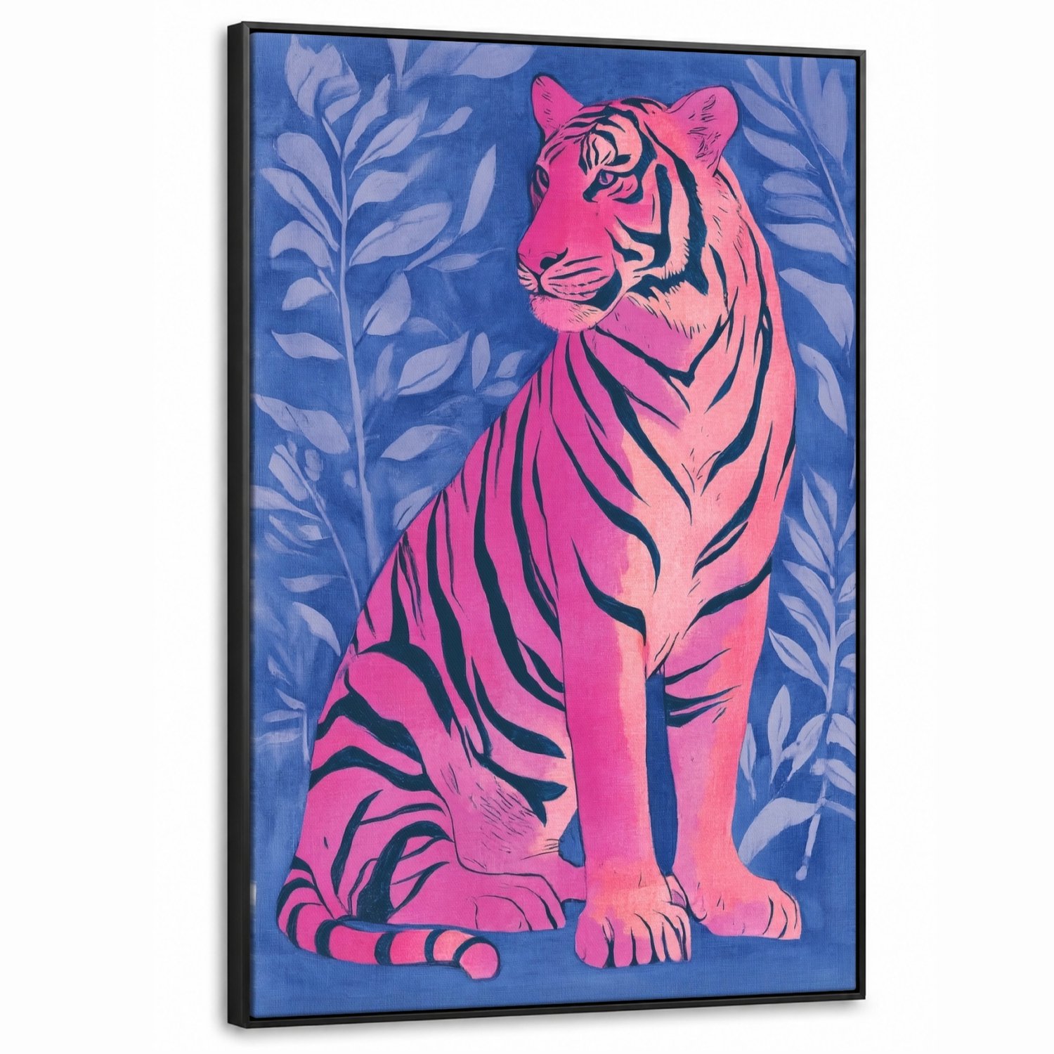 Canvas Schilderij met Baklijst XXL Canvas Schilderij met Baklijst 90x140cm - Tijger - Roze - Bladeren - Jungle - Muurdecoratie woonkamer - Slaapkamer decoratie - Kamer accessoires - Schilderijen op canvas met lijst groot