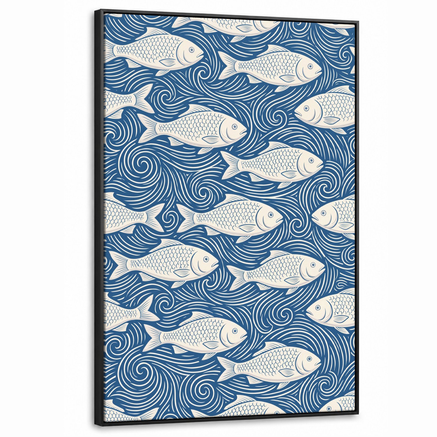 Canvas Schilderij met Baklijst XXL Canvas Schilderij met Baklijst 80x120cm - Vis - Water - Patroon - Grafisch - Blauw - Muurdecoratie woonkamer - Slaapkamer decoratie - Kamer accessoires - Schilderijen op canvas met lijst groot