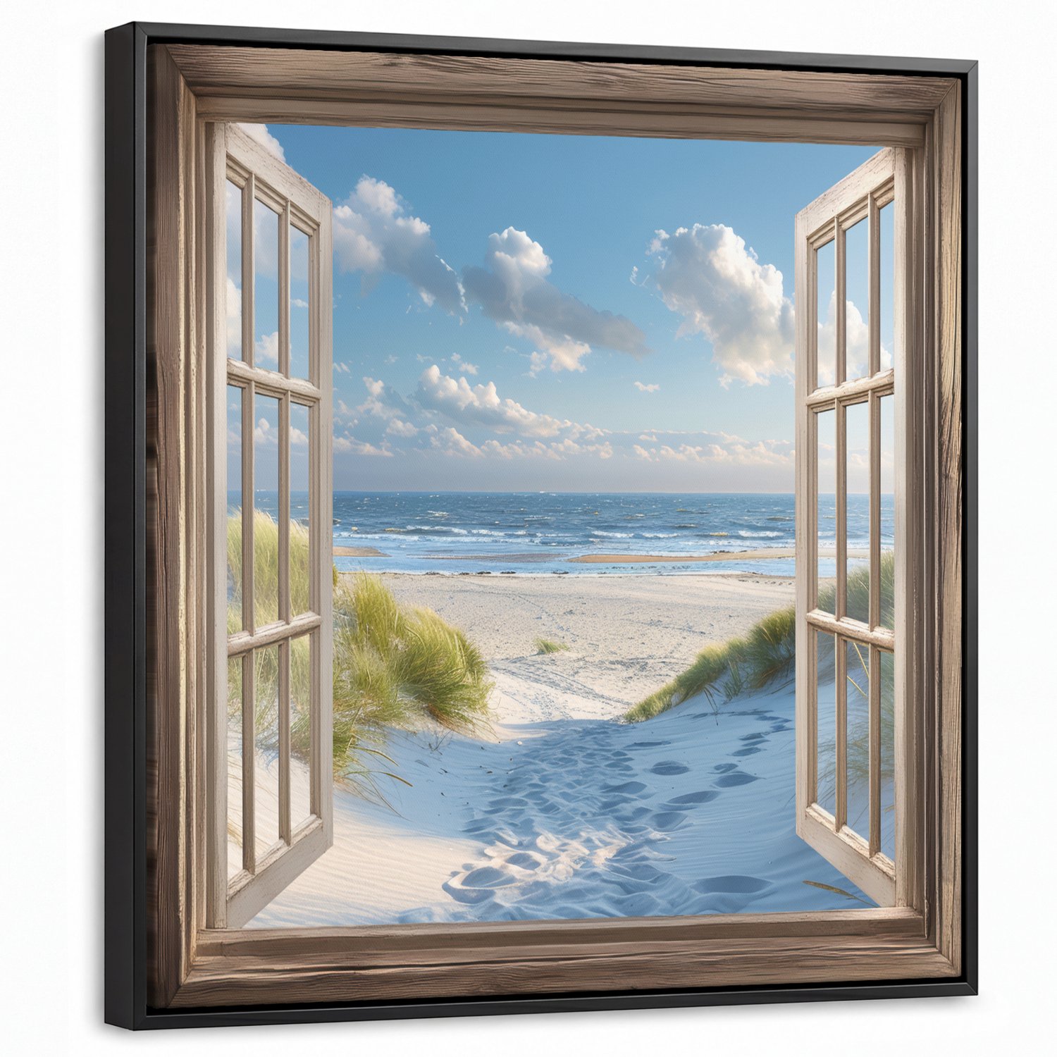 Canvas Schilderij met Baklijst 50x50cm - Doorkijk - Strand - Raam - Duinen - Zee - Muurdecoratie woonkamer - Slaapkamer decoratie - Kamer accessoires - Schilderijen op canvas met lijst
